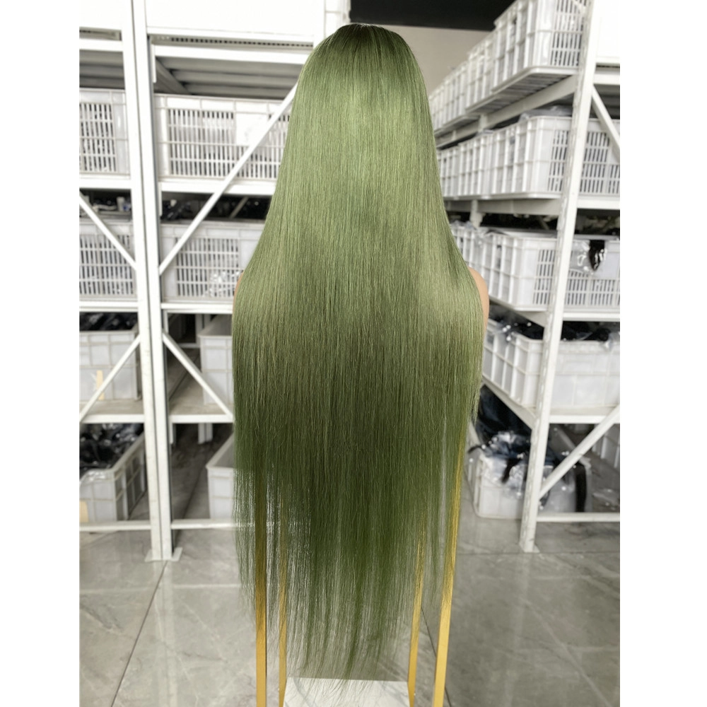 30inch Human Hair 5x5 Lace Closure Wig Straight Green Color WIg